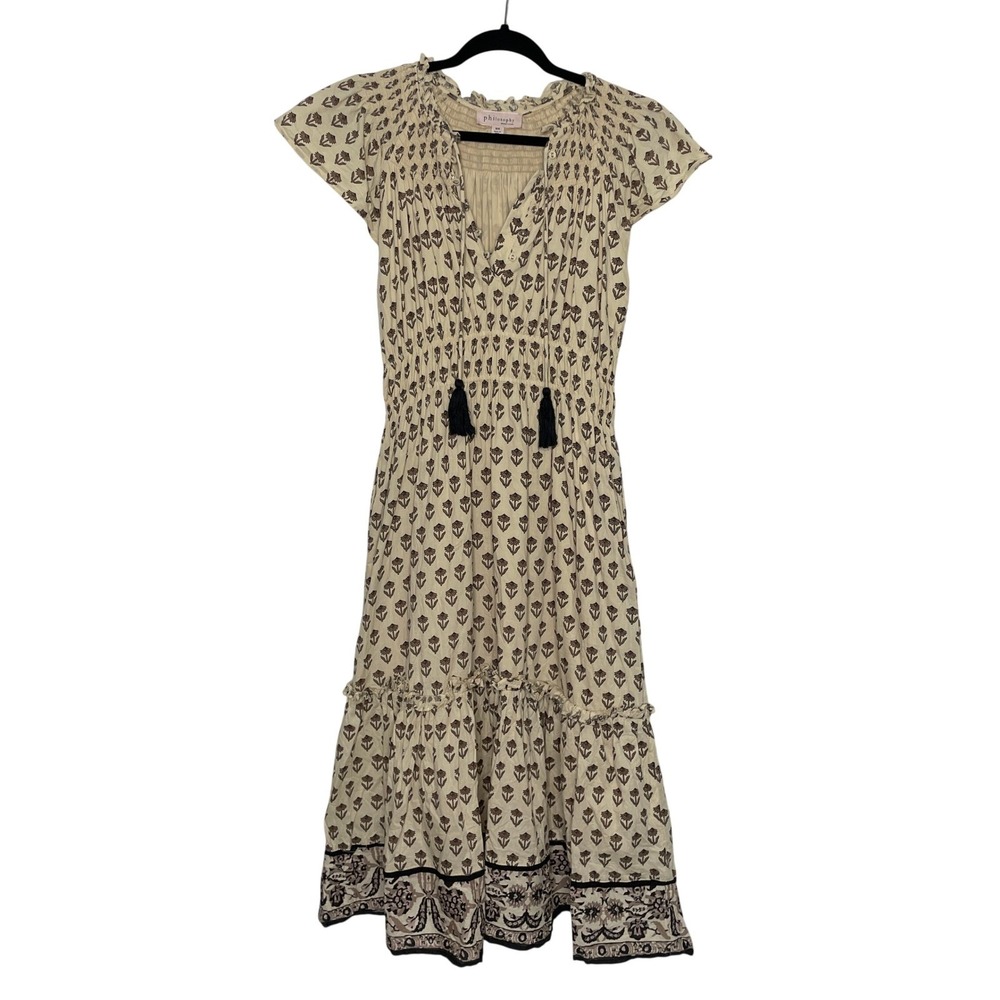 Philosophy Indira Floral Block Print Cream Tiered Midi Dress Women M Cottagecore
